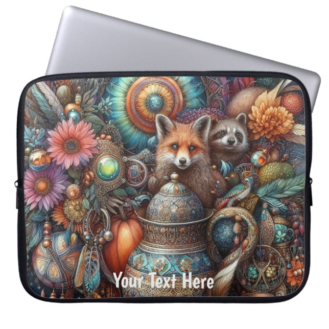 Boho Fox Racoon Floral Design Laptop Sleeve (Front)