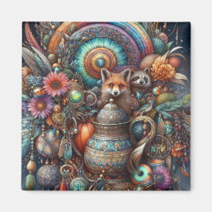 Boho Fox Racoon Floral Design Magnet