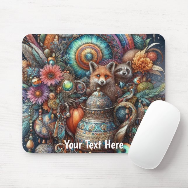 Boho Fox Racoon Floral Design Mouse Mat (With Mouse)
