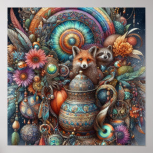 Boho Fox Racoon Floral Design Poster