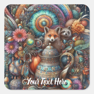 Boho Fox Racoon Floral Design Square Sticker