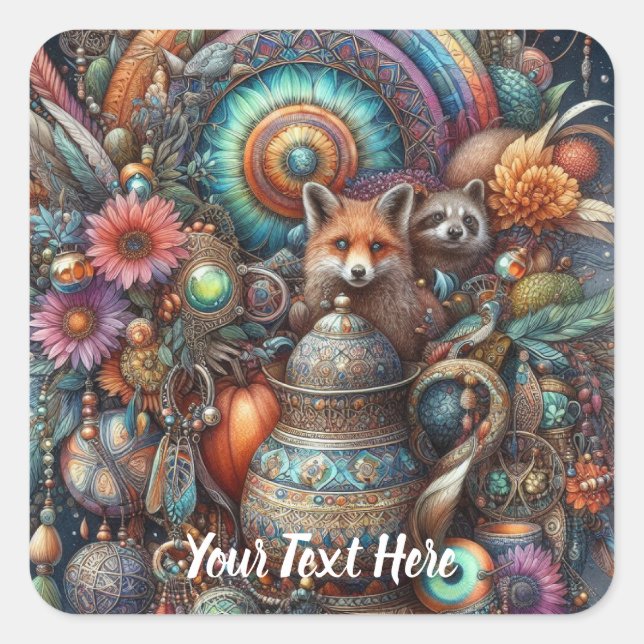 Boho Fox Racoon Floral Design Square Sticker (Front)