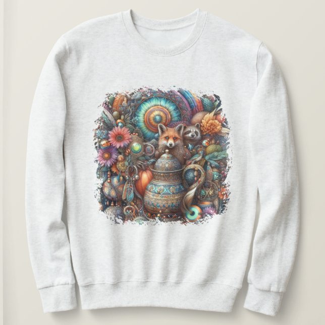 Boho Fox Racoon Floral Design Sweatshirt (Design Front)