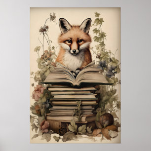 Boho Fox Reading Print, Vintage Floral Cottagecore Poster