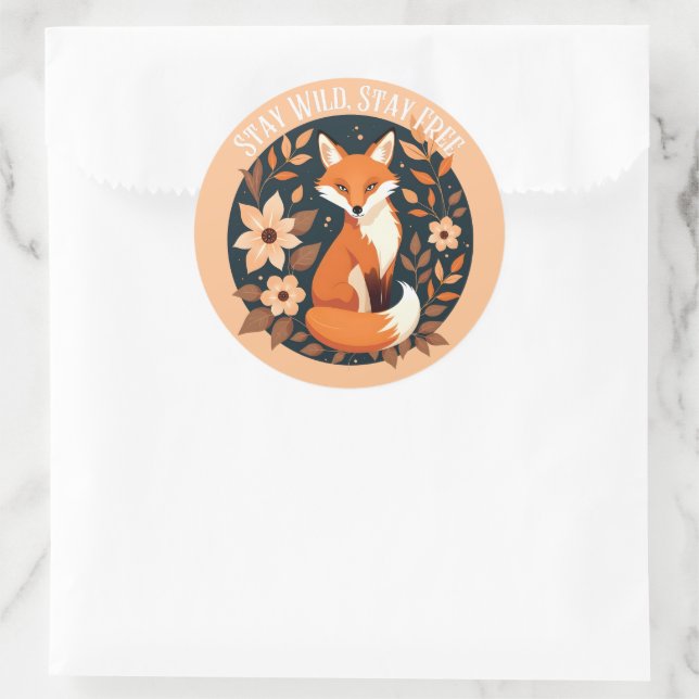 Boho Fox "Stay Wild, Stay Free" Woodland Design Classic Round Sticker (Bag)
