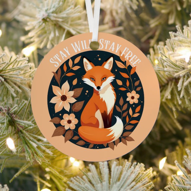 Boho Fox "Stay Wild, Stay Free" Woodland Design Metal Tree Decoration (Insitu)