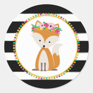Boho Fox Striped Pompom Inspired Baby Shower Classic Round Sticker