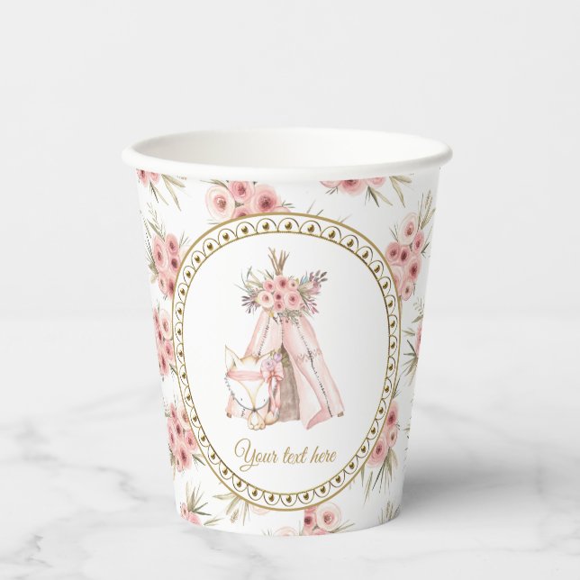 Boho Fox Tee Pee Baby Shower Paper cups (Front)