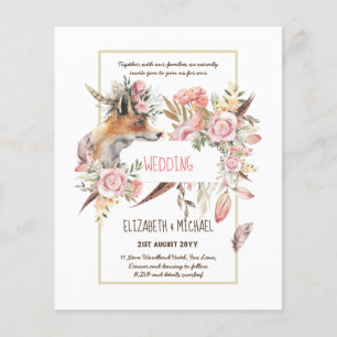 BOHO Fox Wedding Invitations Burgundy Pink Feather Flyer