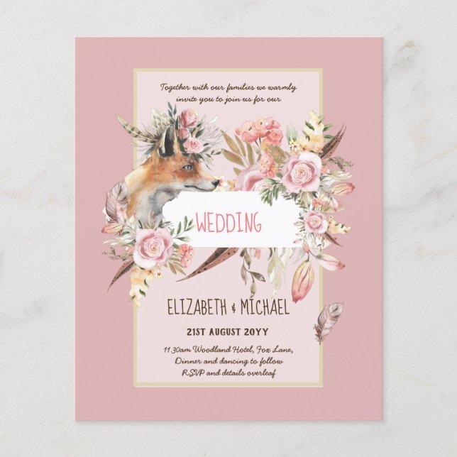 BOHO Fox Wedding Invitations Burgundy Pink Feather Flyer (Front)