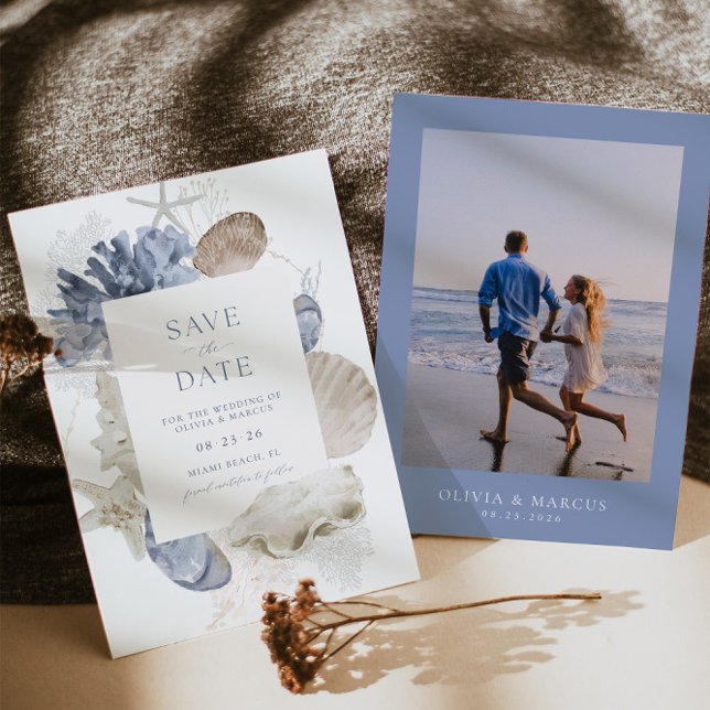 Boho Frame Beach Shell Dusty Blue Photo Wedding Save The Date (Front/Back)