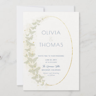 Boho Frame Blue Gold Butterflies Elegant Wedding Invitation