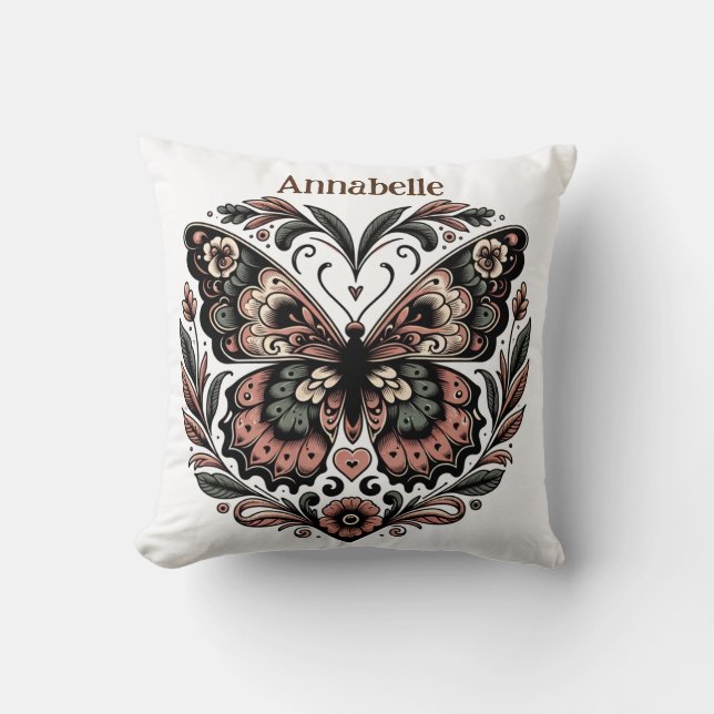 Boho Framed Butterfly in Brown, Peach and Green Cushion (Front)