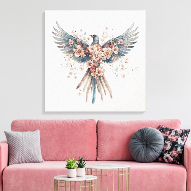 Boho Freedom Bird – Watercolor Floral Wings Canvas Print (Insitu(LivingRoom))