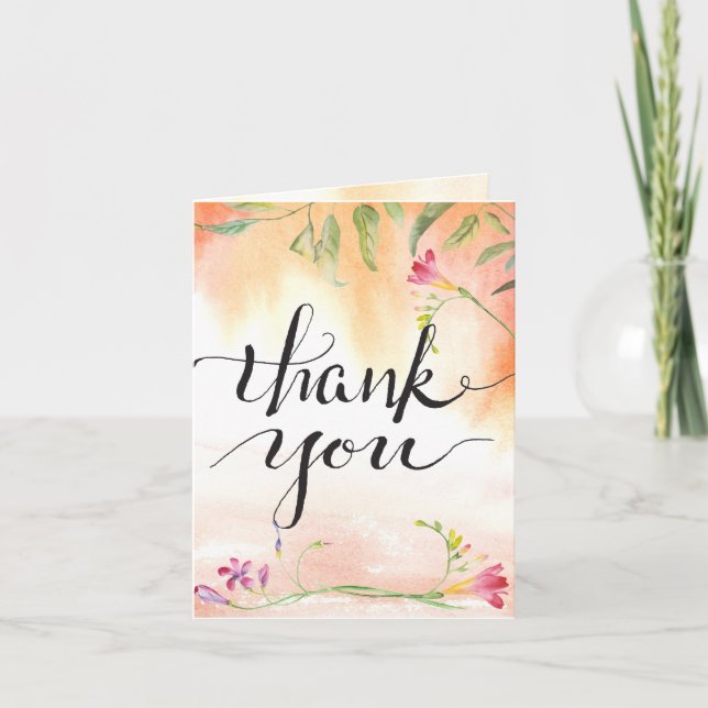 Boho Freesia Pink Pop Calligraphy Thanks Thank You Card (Front)