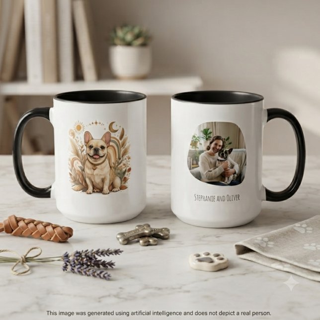Boho French Bulldog Mum Art Mug (A whimsical French Bulldog illustration on a mug, a heartfelt gift for a dog mom’s birthday.)