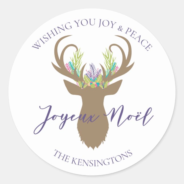 Boho French Christmas Joy Reindeer Typography Classic Round Sticker (Front)