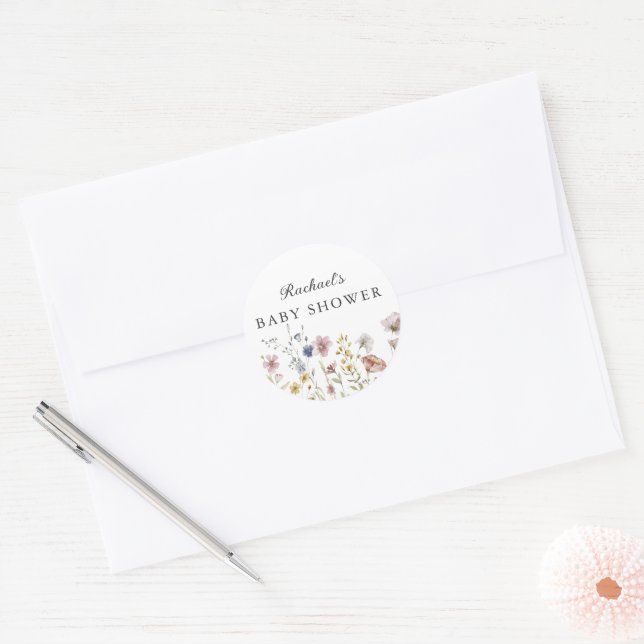 Boho Fresh Wildflowers Baby Shower Classic Round Sticker (Envelope)
