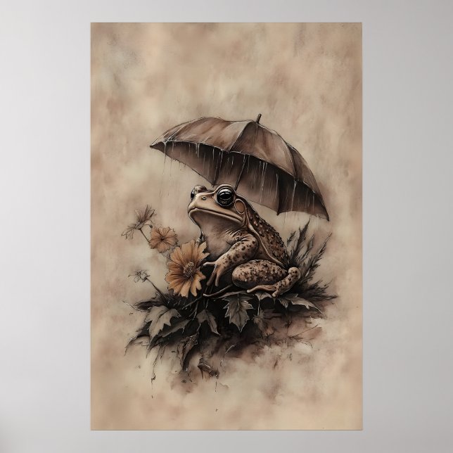 Boho Frog Under Umbrella With Fall Flowers Print (Front)