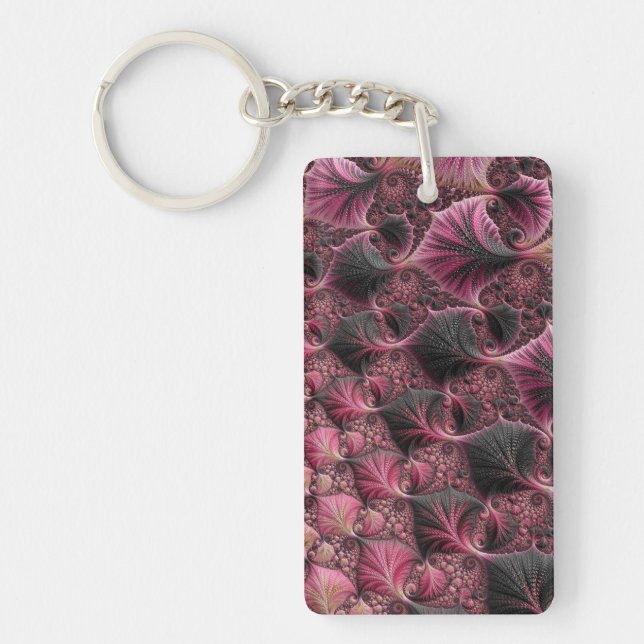 Boho Funky Eclectic Pink Black Abstract Fractal Key Ring (Front)