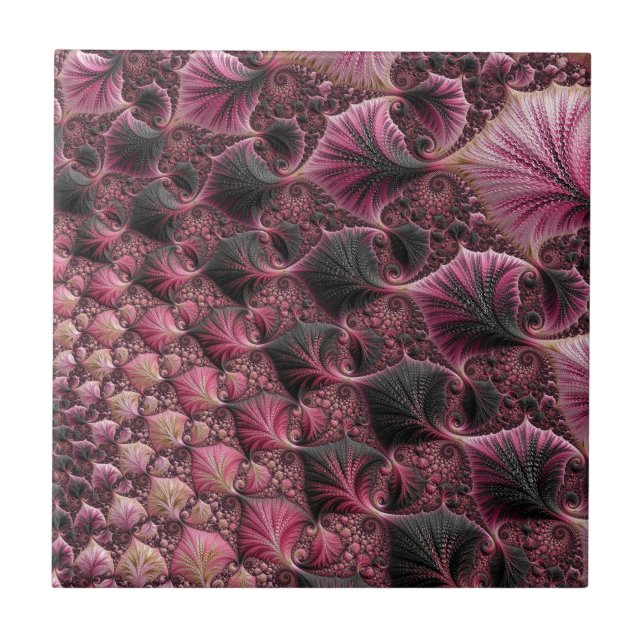 Boho Funky Eclectic Pink Black Abstract Fractal Tile (Front)