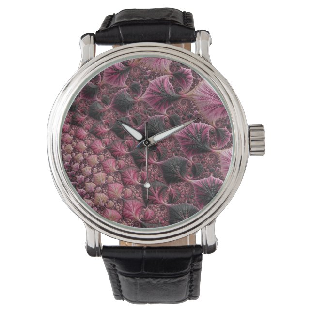 Boho Funky Eclectic Pink Black Abstract Fractal Watch (Front)