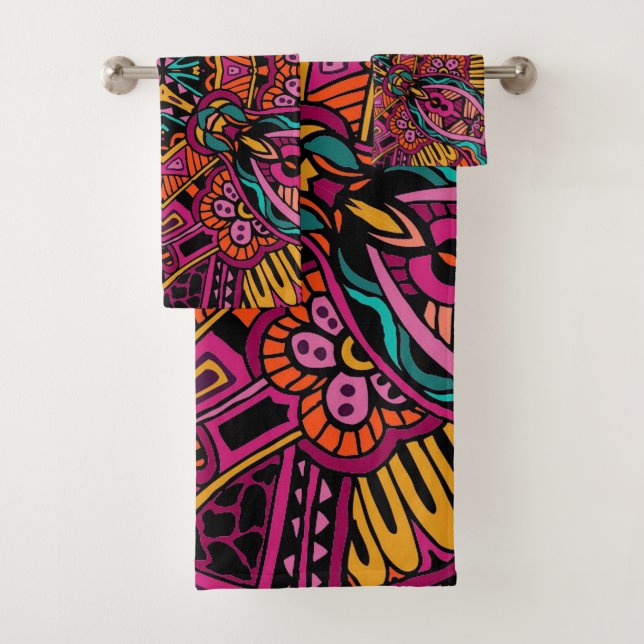 Boho Funky Trendy Retro Abstract Pattern Bath Towel Set (Insitu)