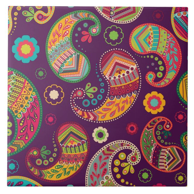 Boho Funky Trendy Retro Paisley Purple Tile (Front)