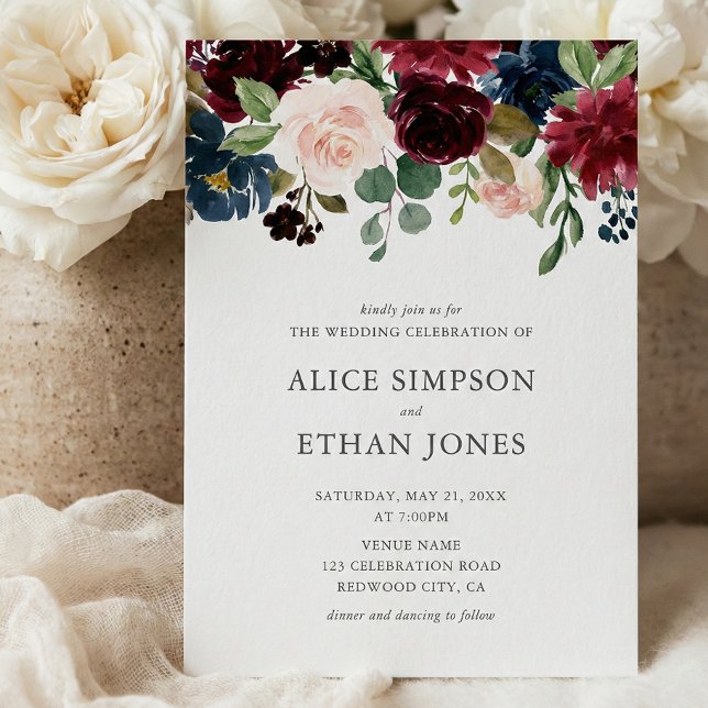 Boho Garden Burgundy Blue Fall Wedding Invitation (Creator Uploaded)