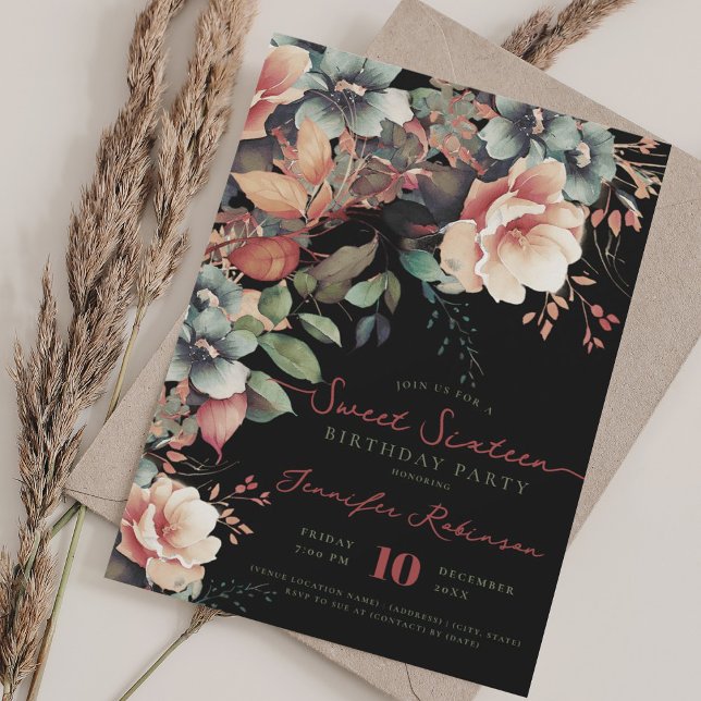 Boho Garden Floral Sweet 16 Birthday Black  Invitation (Boho Garden Floral Sweet 16 Birthday Black Invitation)