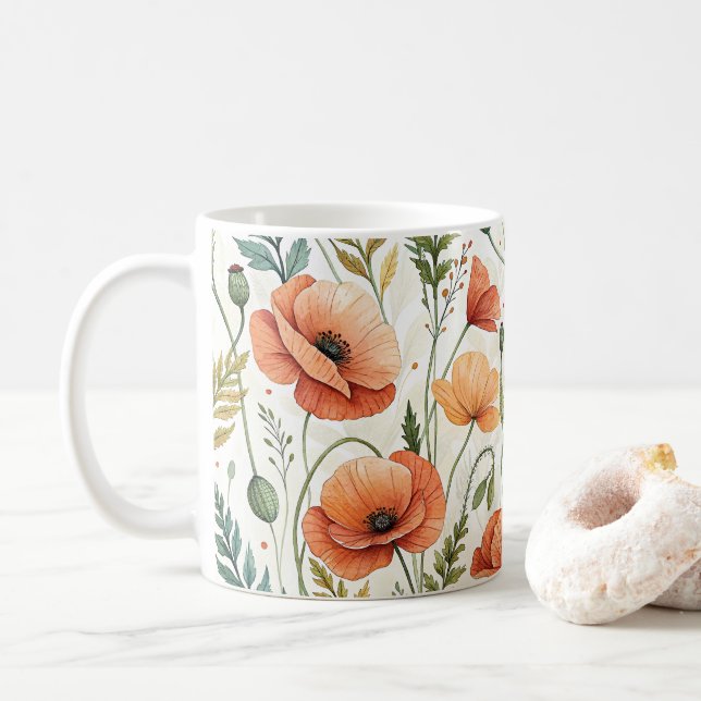 Boho Garden of Beautiful Poppies Coffee Mug (With Donut)
