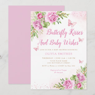 Boho Garden Pink Butterfly Kisses Girl Baby Shower Invitation