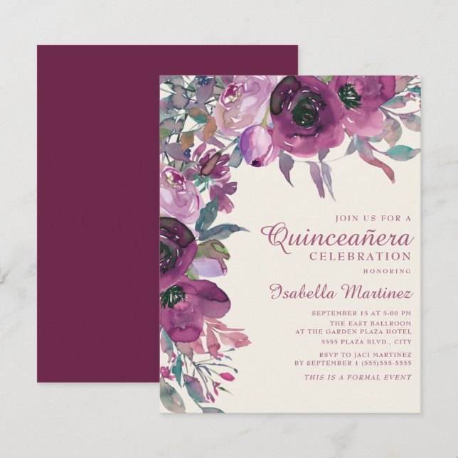 Boho Garden Purple Lilac Floral Script Quinceañera Invitation (Front/Back)