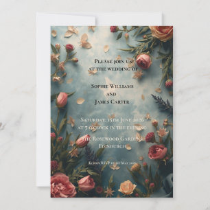 Boho Garden Rose Floral Wedding Invitation   Teal