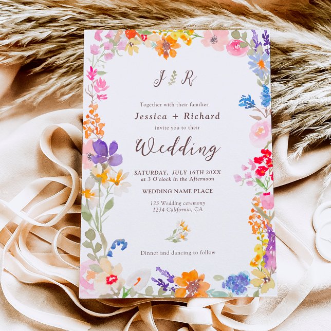 Boho garden summer floral photo initials wedding invitation (Boho garden summer floral photo initials wedding invitation)