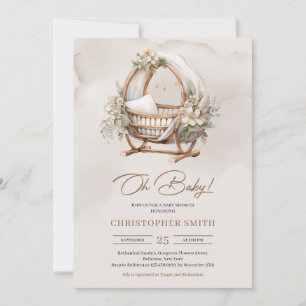 Boho gender neutral baby crib brown & sage foliage invitation