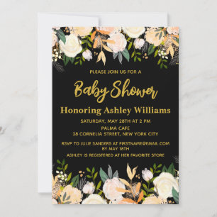 Boho Gender Neutral Baby Shower Black Gold Floral Invitation