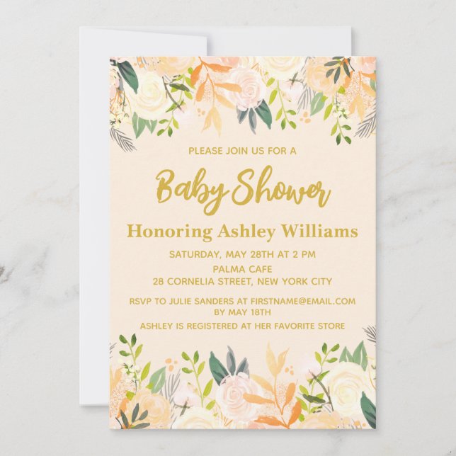 Boho Gender Neutral Baby Shower Ivory Gold Floral  Invitation (Front)