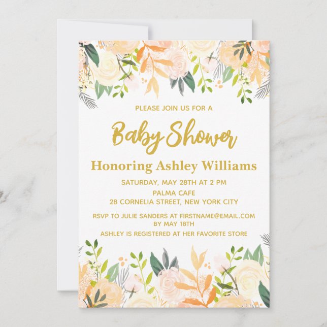 Boho Gender Neutral Baby Shower White Gold Floral  Invitation (Front)