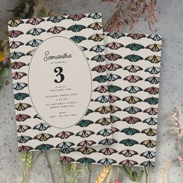 Boho Gender Neutral Butterflies Birthday Party Invitation (Boho Gender Neutral Butterflies Birthday Party Invitation)