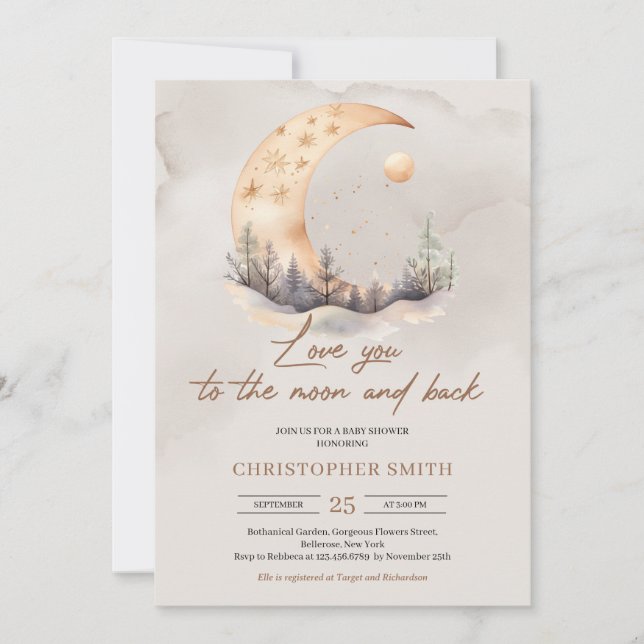 Boho gender neutral copper sage moon and back  invitation (Front)