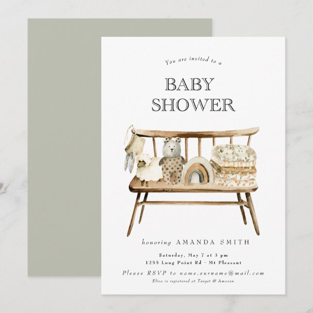 Boho Gender Neutral Sage Green Rainbow Baby Shower Invitation (Front/Back)