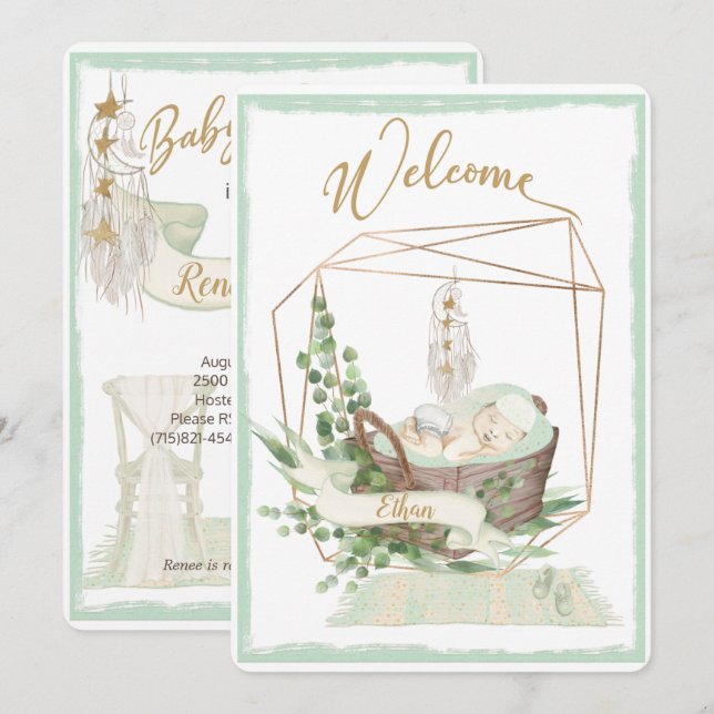 Boho Gender Neutral Watercolor Baby Shower  Invitation (Front/Back)