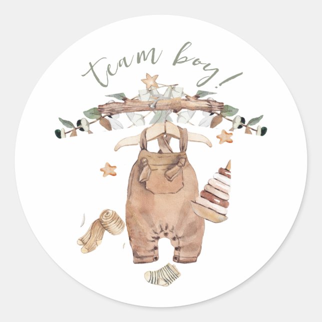 Boho Gender Reveal Team Boy Baby Shower Classic Round Sticker (Front)