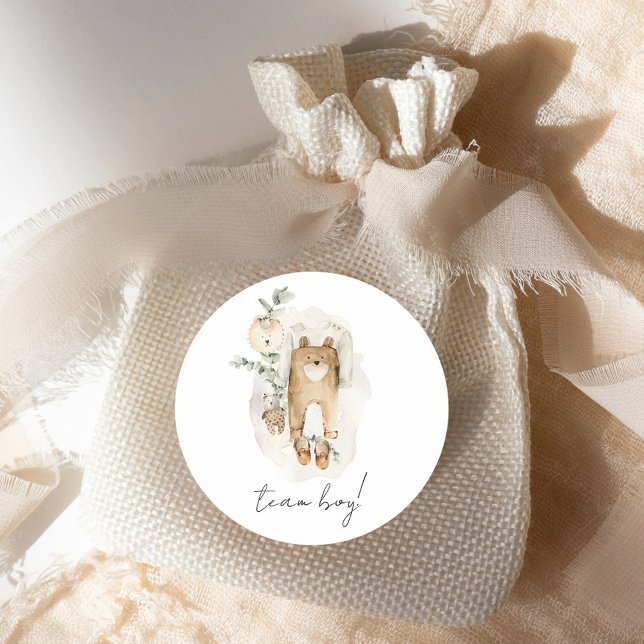 Boho Gender Reveal Team Boy Baby Shower Classic Round Sticker (Creator Uploaded)