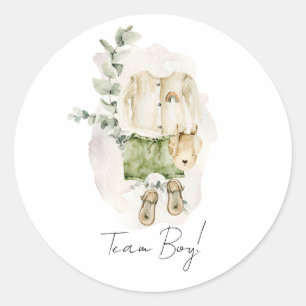 Boho Gender Reveal Team Boy Baby Shower Classic Round Sticker