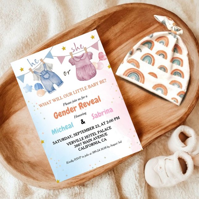 Boho Gender Reveal Vintage Baby Clothesline Invitation (Creator Uploaded)