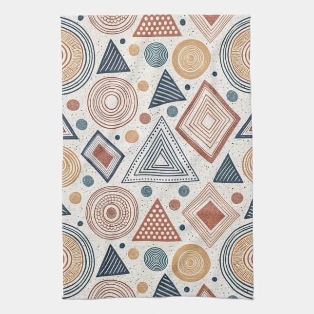Boho Geometric Abstract Shapes Terracotta Pattern Tea Towel (Vertical)