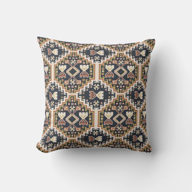 Boho Geometric Black Yellow Tan Pattern Cushion (Front)