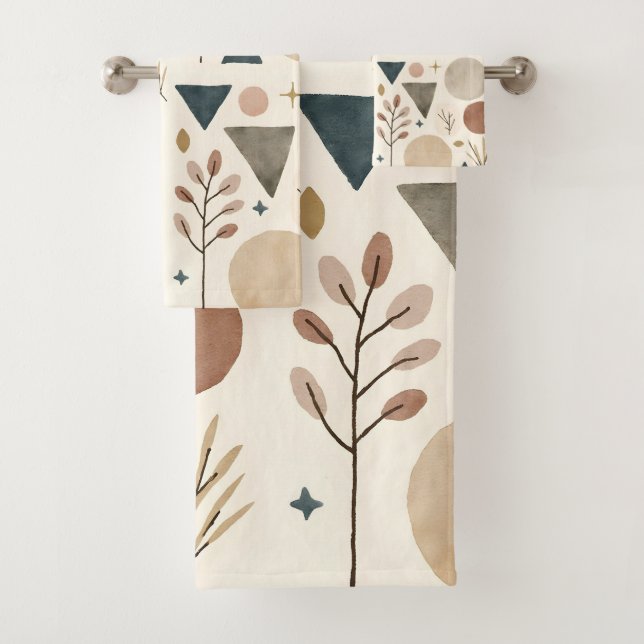 Boho Geometric Botanical Pattern Design 385 Bath Towel Set (Insitu)